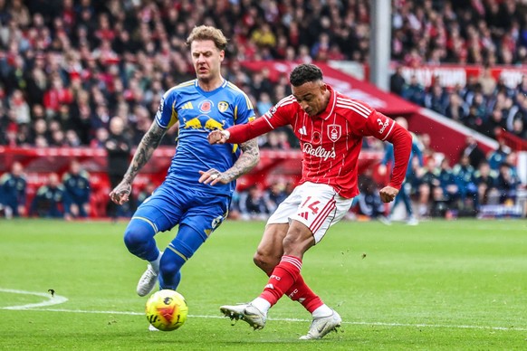 Premier League Nottingham Forest v Leeds United Dan Ndoye of Nottingham Forest takes a shot on goal during the Premier League match Nottingham Forest vs Leeds United at City Ground, Nottingham, United ...
