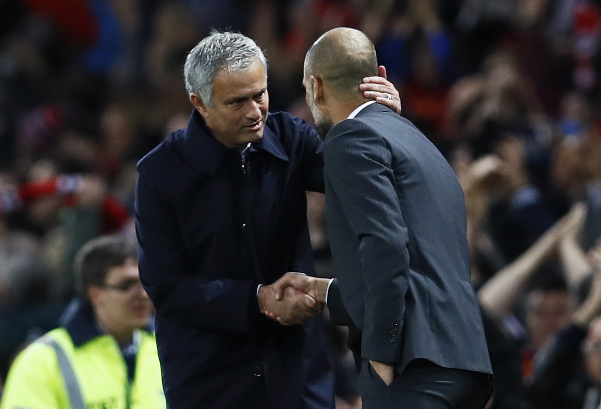 Football Soccer Britain - Manchester United v Manchester City - EFL Cup Fourth Round - Old Trafford - 26/10/16
Manchester United manager Jose Mourinho with Manchester City manager Pep Guardiola after ...