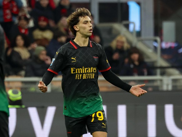 epa11899222 AC Milan&#039;s Joao Felix gestures during the Italian Serie A soccer match between AC Milan and Hellas Verona FC in Milan, Italy, 15 February 2025. EPA/ROBERTO BREGANI