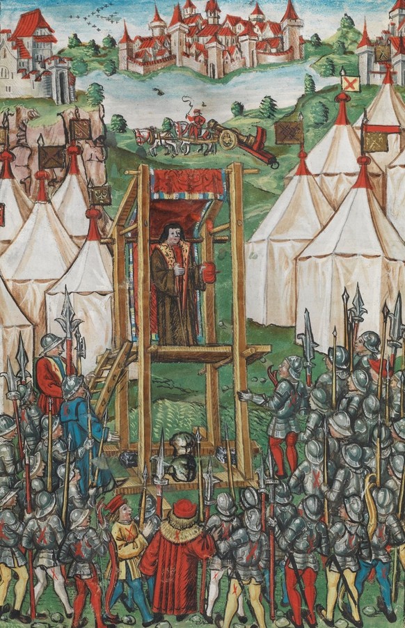 Karl der Kühne hält vor dem Zug nach Murten von der Kanzel herab eine Mahnrede an die vor Lausanne zusammengezogenen burgundischen Truppen. Abbildung aus der Eidgenössischen Chronik des Luzerners Dieb ...
