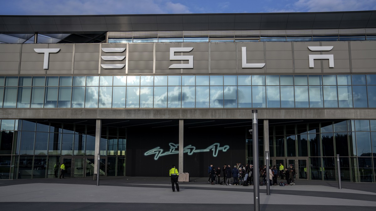 A general view of the Tesla Gigafactory for electric cars in Gruenheide near Berlin, Germany, Tuesday, March 5, 2024. Production at Tesla's electric vehicle plant in Germany came to a standstill  ...