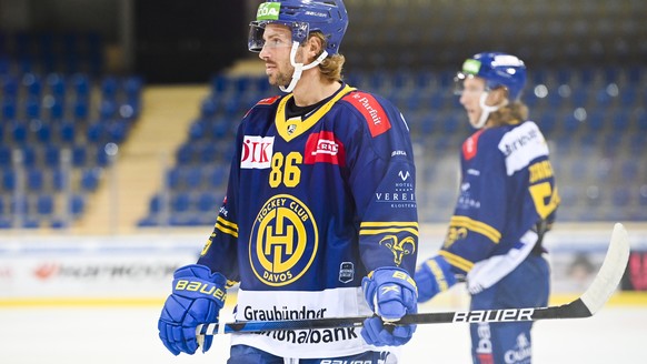 Davos&#039; Mathias Brome beim Eishockey Testspiel der National League zwischen dem HC Davos und dem HC Lugano, am Dienstag, 24. August 2021, im Eisstadion in Davos. (KEYSTONE/Gian Ehrenzeller)