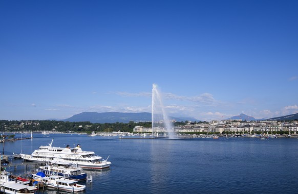 The fountain Jet d&#039;eau in the Lake Geneva spray water, in Geneva, Switzerland Monday, June 14, 2021. The lakeside city known as a Cold War crossroads and a hub for Swiss discretion, neutrality an ...