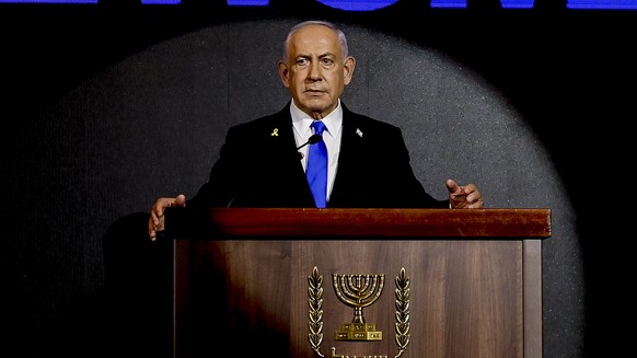 epa12298677 Israeli Prime Minister Benjamin Netanyahu delivers a speech during the U.S. Independence Day reception hosted by Newsmax, at the Waldorf Astoria Hotel in Jerusalem, 13 August 2025. Newsmax ...