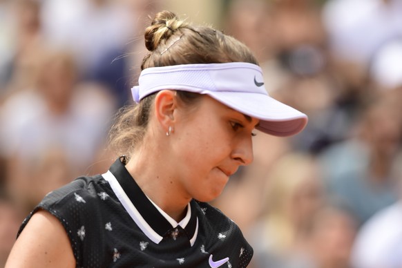 epa07602825 Belinda Bencic of Switzerland plays Jessika Ponchet of France during their womenâs first round match during the French Open tennis tournament at Roland Garros in Paris, France, 26 May 20 ...