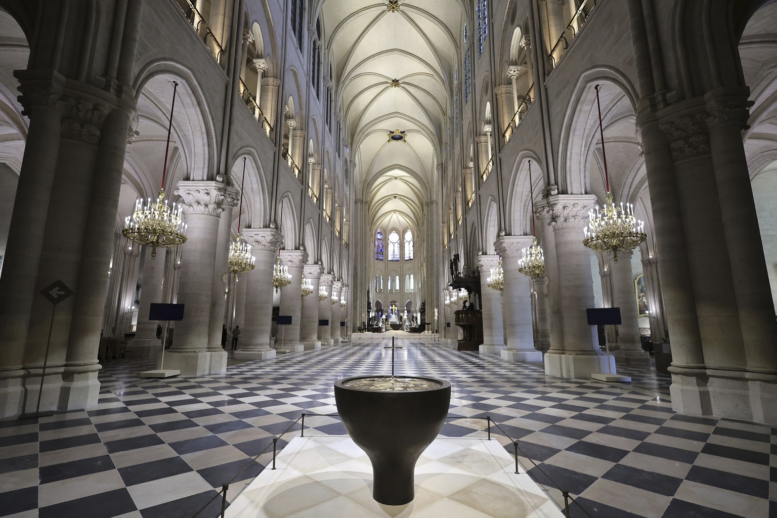 View of the Notre-Dame de Paris cathedral as French President Emmanuel Macron visits the restored cathedral, Friday, Nov. 29, 2024 in Paris (Christophe Petit Tesson, Pool via AP)
French President Macr ...