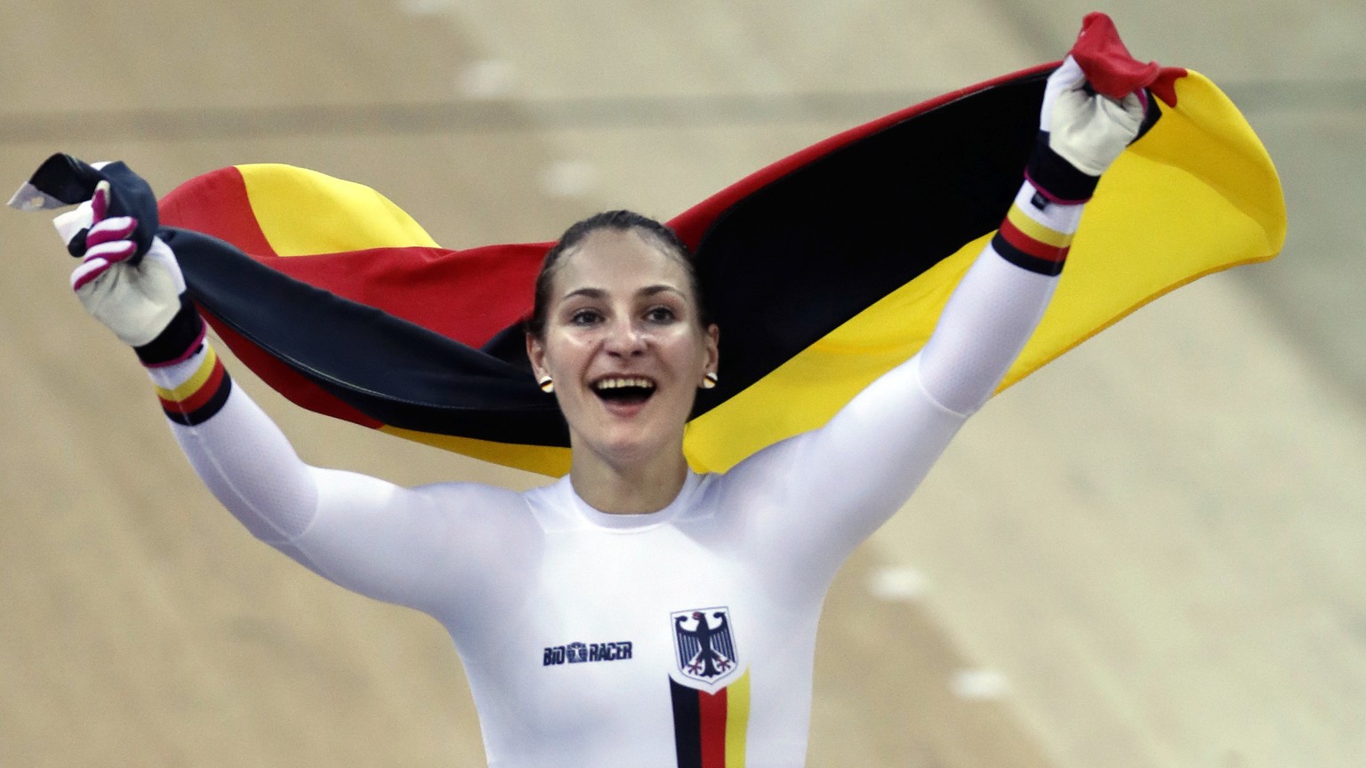 Germany&#039;s Kristina Vogel celebrates after winning the women&#039;s keirin final at the World Track Cycling Championships in Hong Kong, Sunday, April 16, 2017. (AP Photo/Vincent Yu)