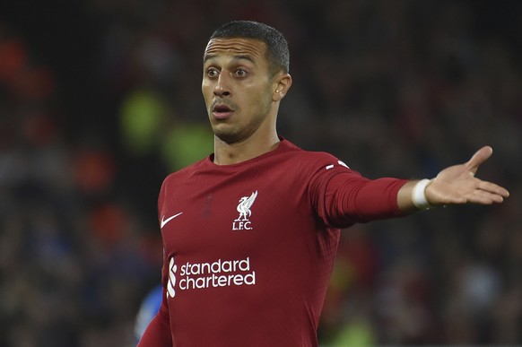 Liverpool&#039;s Thiago gestures during the Champions League Group A soccer match between Liverpool and Rangers at Anfield stadium in Liverpool, England, Tuesday Oct. 4, 2022. (AP Photo/Rui Vieira)
