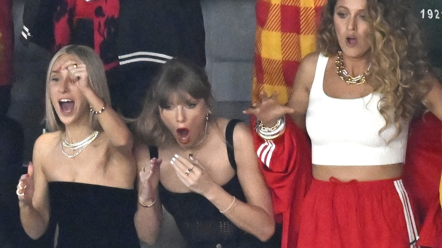 Ice Spice, from left, Ashley Avignone Taylor Swift and Blake Lively react during the first half of the NFL Super Bowl 58 football game between the San Francisco 49ers and the Kansas City Chiefs on Sun ...