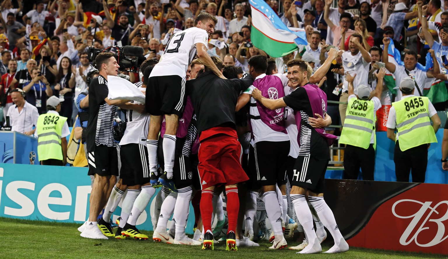 epa06834780 Players of Germany celebrate their winning goal during the FIFA World Cup 2018 group F preliminary round soccer match between Germany and Sweden in Sochi, Russia, 23 June 2018. Germany won ...