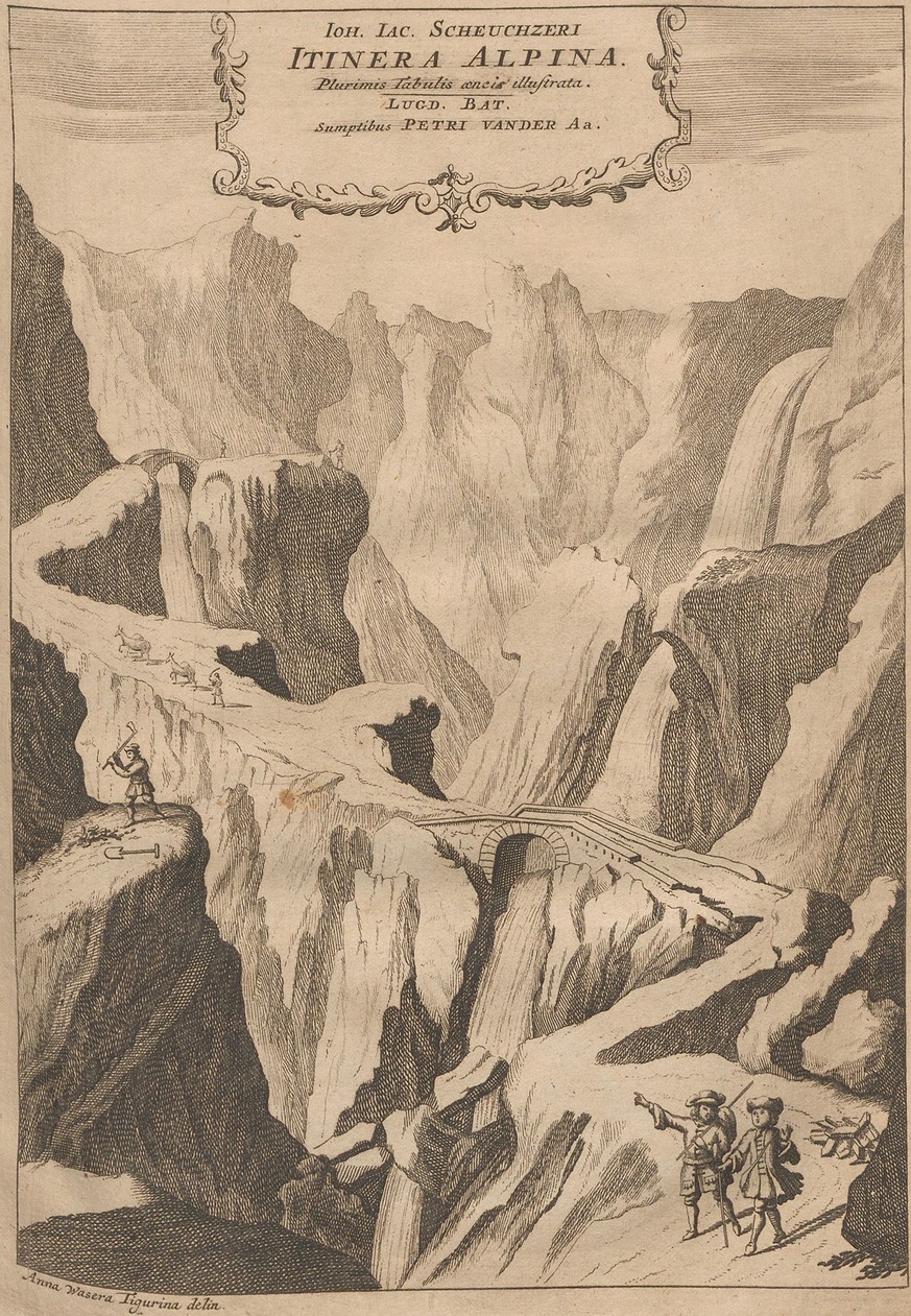 Waser vermittelt ein illusionistisches Bild der Schweizer Alpenlandschaft. Inmitten der kargen und schroffen Gesteinsansammlung ist die Teufelsbrücke zu sehen. Abbildung aus Johann Jakob Scheuchzers O ...