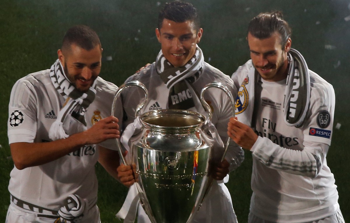 Soccer Football - Atletico Madrid v Real Madrid - UEFA Champions League Final - Santiago Bernabeu Stadium, Madrid, Spain - 29/5/16 Real Madrid's Karim Benzema, Cristiano Ronaldo and Gareth Bale p ...