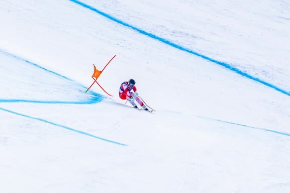 Gold medalist Switzerland's Franjo von Allmen in action during the men's alpine skiing downhill race at the 2026 Olympic Winter Games at the Stelvio Ski centre in Bormio, Italy, on Saturday, ...