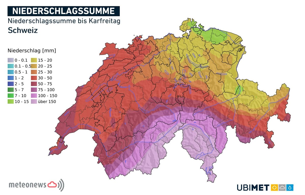 Wetter Schweiz: Niederschlagssumme bis Karfreitag 2025