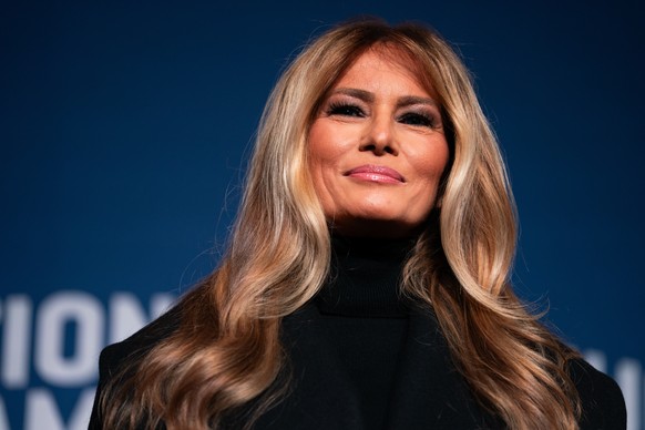 First lady Melania Trump speaks at an event to present her 2025 inaugural ball gown to the Smithsonian National Museum of American History, Friday, Feb. 20, 2026, in Washington. (AP Photo/Allison Robb ...