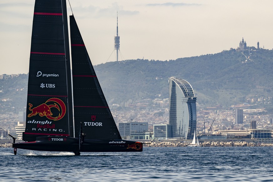 The Alinghi Red Bull Racing&#039;s BoatOne in action during a training session for the next 37th America?s Cup, in Barcelona, Spain, Monday May 13, 2024. The Swiss-built AC75 will challenge for the Lo ...