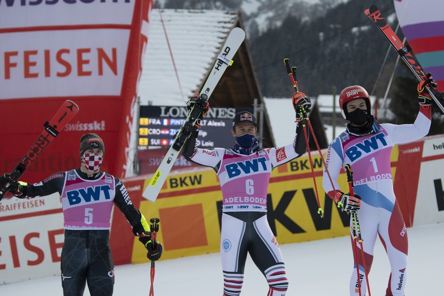 Croatia&#039;s second-placed Filip Zubcic, France&#039;s first-placed Alexis Pinturault and third-placed Switzerland&#039;s Loic Meillard, from left, after the men&#039;s giant slalom race at the FIS  ...