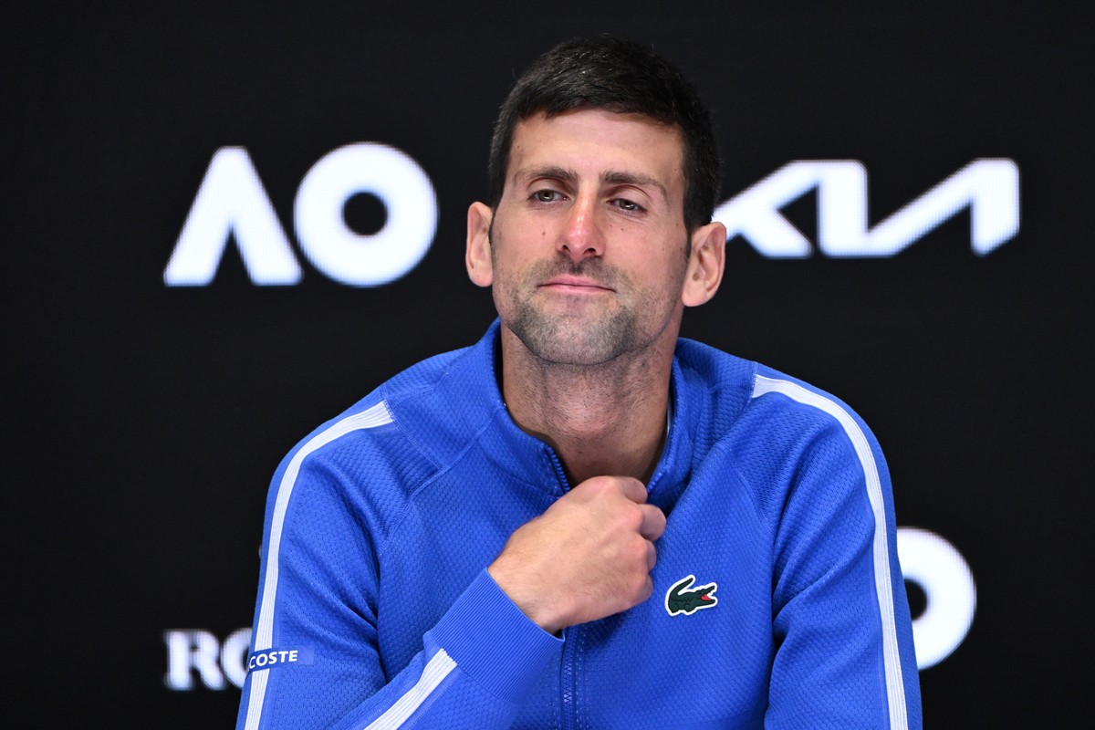epa11105154 Novak Djokovic of Serbia speaks to the media during his post match press coneference following his Men?s semifinal loss to Jannik Sinner of Italy on Day 13 of the 2024 Australian Open at M ...