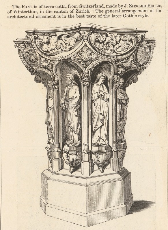 Baptismal font from the production of Ziegler'sche Tonwarenfabrik, reproduction from the catalog of the London World's Fair of 1851.