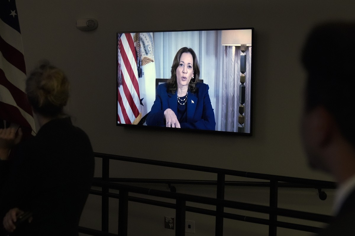Vice President Kamala Harris speaks virtually, during a briefing with President Joe Biden and Elizabeth Sherwood-Randall, Homeland Security Advisor to the President, not shown, on the preparations for ...