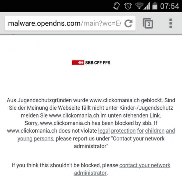 Auf diese Meldung trifft, wer im SBB-WLAN clickomania.ch ansurft.