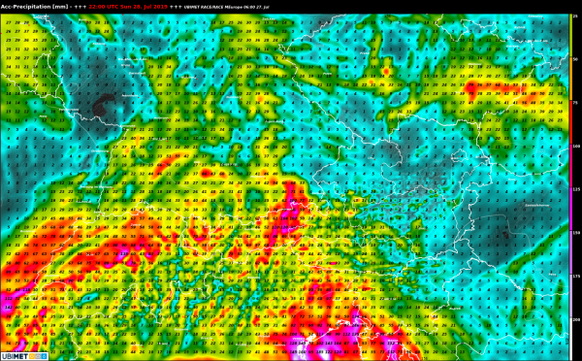 Die modellierten Regenmengen bis Montag 00:00 Uhr.