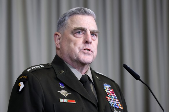 epa10418523 Chairman of the Joint Chiefs of Staff, General Mark Milley speaks to the media after the third meeting of Ukraine Defense Contact Group at the US Air Base in Ramstein, Germany, 20 January  ...