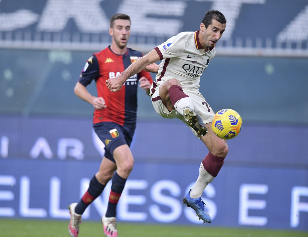 Roma's Henrikh Mkhitaryan scores his side's second goal during the Serie A soccer match between Genoa and Roma at the Luigi Ferraris stadium in Genoa, Italy, Sunday Nov. 8, 2020. (Fabio Ross ...