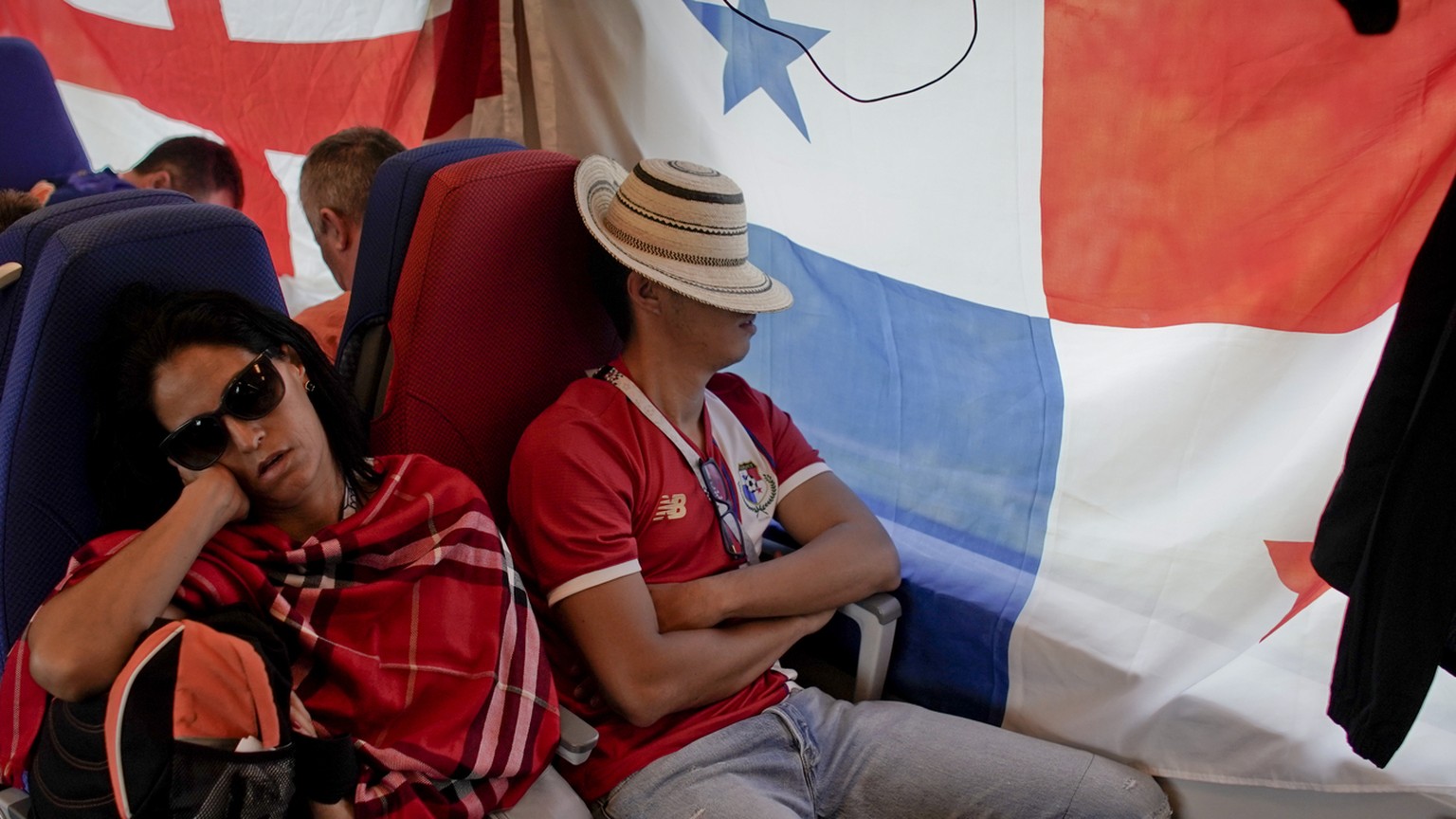 Panama&#039;s supporters take a nap on the train from Moscow to Nizhny Novgorod where they will attend the group G match between England and Panama at Russia&#039;s 2018 soccer World Cup on Sunday, Ju ...