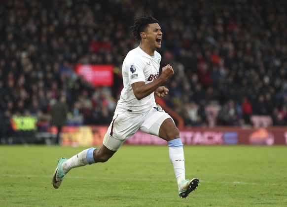 Aston Villa&#039;s Ollie Watkins celebrates scoring his side&#039;s second goal of the game, during the English Premier League soccer match between Bournemouth and Aston Villa, at the Vitality Stadium ...
