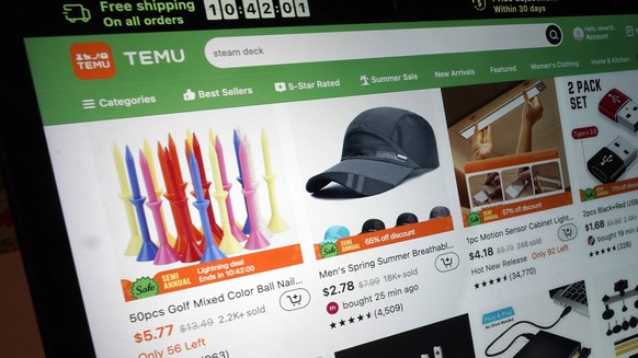 A page from the Temu website is shown in this photo, in New York, Friday, June 23, 2023. The European Union said Friday, May 31, 2024, that it's adding Chinese online retailer Temu to its list of ...