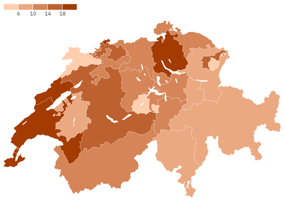 Anzahl assistierte Suizide im Jahr 2020 pro 100'000 Einwohner.