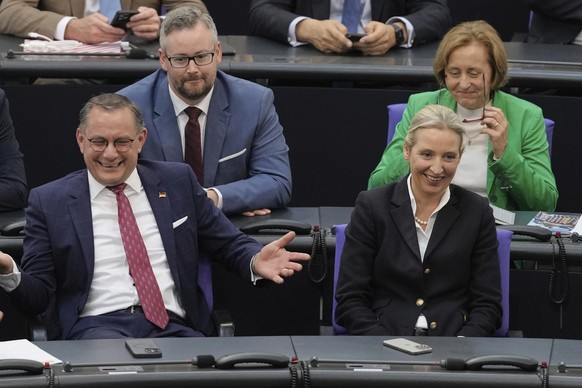 Co-leaders of AfD Alice Weidel, right, and Tina Chrupalla are pictured iahead of a second round of vote at the German federal parliament, Bundestag, at the Reichstag building in Berlin, Germany, Tuesd ...