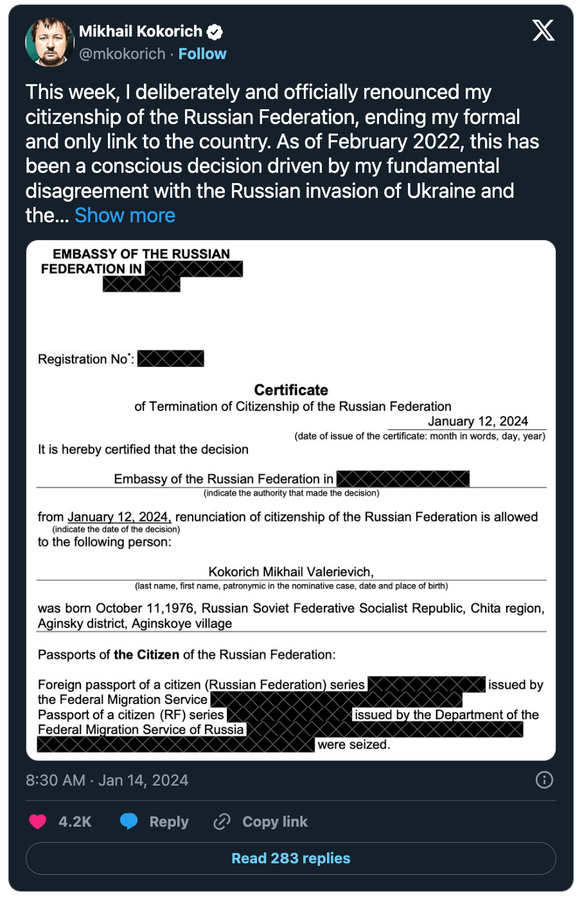 Tweet from Mikhail Kokorich, who gave up his Russian citizenship in protest (January 2024).