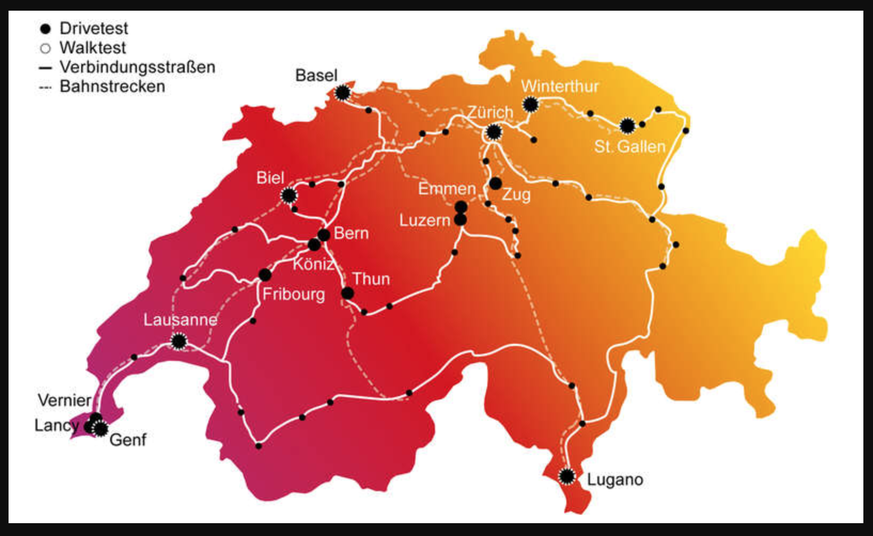 Die Tester waren mit ihren Mess-Smartphones in weiten Teilen der Schweiz unterwegs.