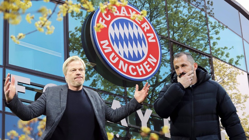 München, Deutschland 17. April 2023: Fussball, Herren, Saison 2022/2023, FC Bayern München Hier eine Fotomontage, Symbolbild mit Oliver Kahn, Vorstandsvorsitzender FC Bayern München li. der die Arme w ...