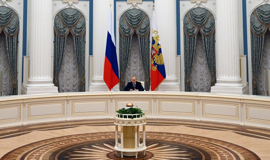 epa10455317 Russian President Vladimir Putin chairs a meeting with the secretaries of the security councils of several countries on the Afghan problem at the Kremlin in Moscow, Russia, 08 February 202 ...