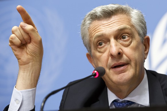 epa06804274 Italian Filippo Grandi, UN High Commissioner for Refugees, presents the UNHCR&#039;s Global Trends Report on Forced Displacement, during a press conference, at the European headquarters of ...