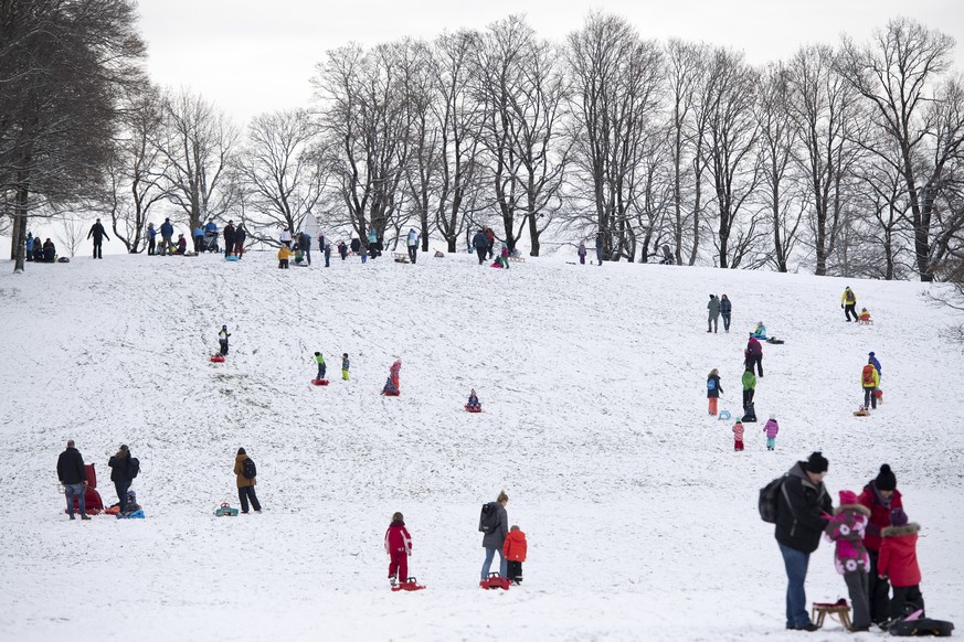 Eltern mit ihren Kindern schlitteln im Neuschnee auf dem Gurten, am Sonntag, 6. Januar 2019, in Bern. (KEYSTONE/Anthony Anex)