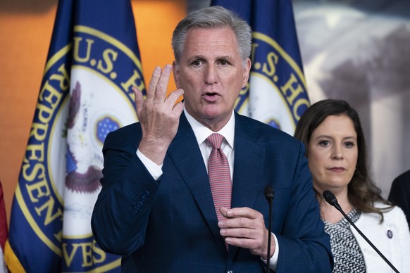 House Minority Leader Kevin McCarthy, of Calif., left, speaks during a news conference on the House Jan. 6 Committee, Thursday, June 9, 2022, with Rep. Elise Stefanik, R-N.Y., on Capitol Hill in Washi ...