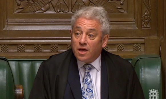 epa07479178 A grab from a handout video made available by the UK Parliamentary Recording Unit shows Speaker of the House of Commons, John Bercow annoucing the result of voting by British Members of Pa ...