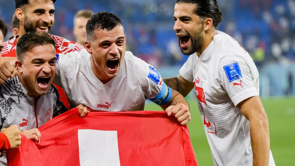 Switzerland's midfielder Ardon Jashari, Switzerland's midfielder Xherdan Shaqiri, Switzerland's midfielder Granit Xhaka and Switzerland's defender Ricardo Rodriguez, from left to r ...
