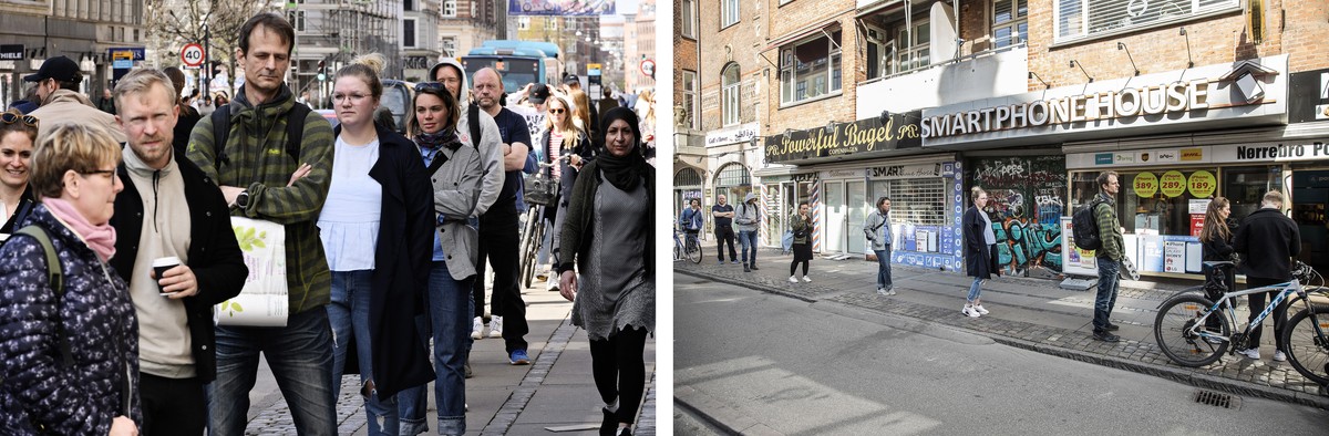 epaselect epa08384971 A composite picture of people lining up at a post office amid the ongoing coronavirus COVID-19 pandemic in Copenhagen, Denmark, 24 April 2020 (issued on 26 April 2020). These ima ...