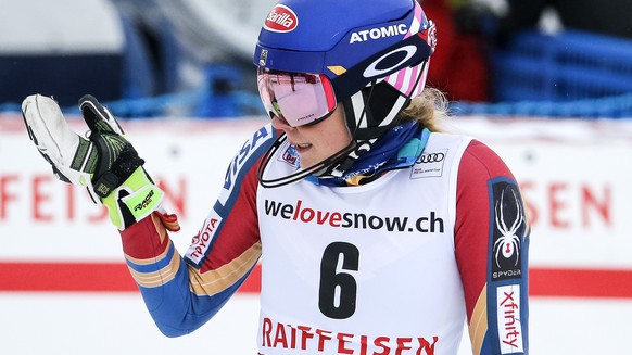 Mikaele Shiffrin of the United States reacts in the finish area during the women&#039;s Slalom of the Alpine combination race at the FIS Alpine Ski World Cup, in St. Moritz, Switzerland, Friday, Decem ...