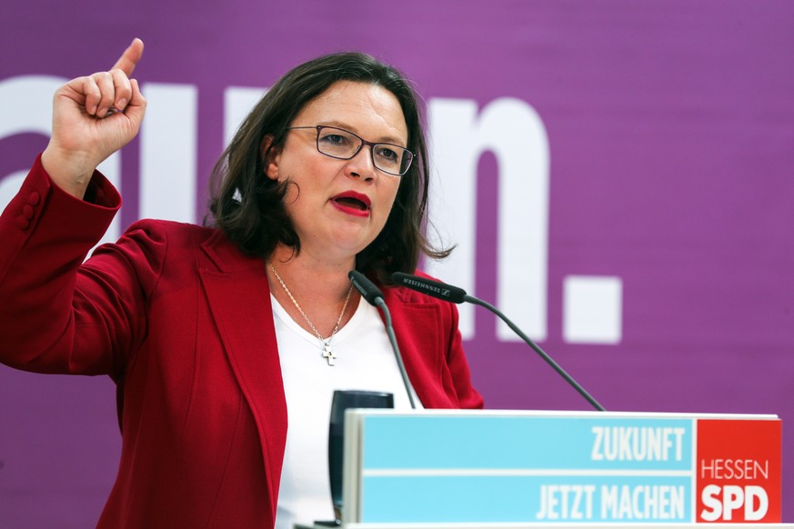 epa07022952 Leader of the Social Democratic Party (SPD) Andrea Nahles speaks during the opening of electoral campaign for the upcoming regional elections in Hesse in Offenbach, Germany, 15 September 2 ...