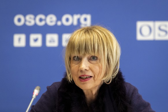 OSCE Secretary General Helga Maria Schmid speaks during a press conference in Vienna, Austria, Thursday, January 13, 2022. (AP Photo/Lisa Leutner)