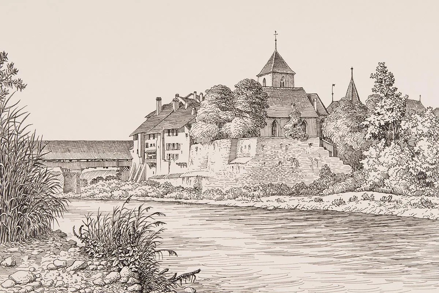 Stadtansicht von Aarberg, gezeichnet von Roland Anheisser, Anfang des 20. Jahrhunderts.
https://permalink.nationalmuseum.ch/100728695