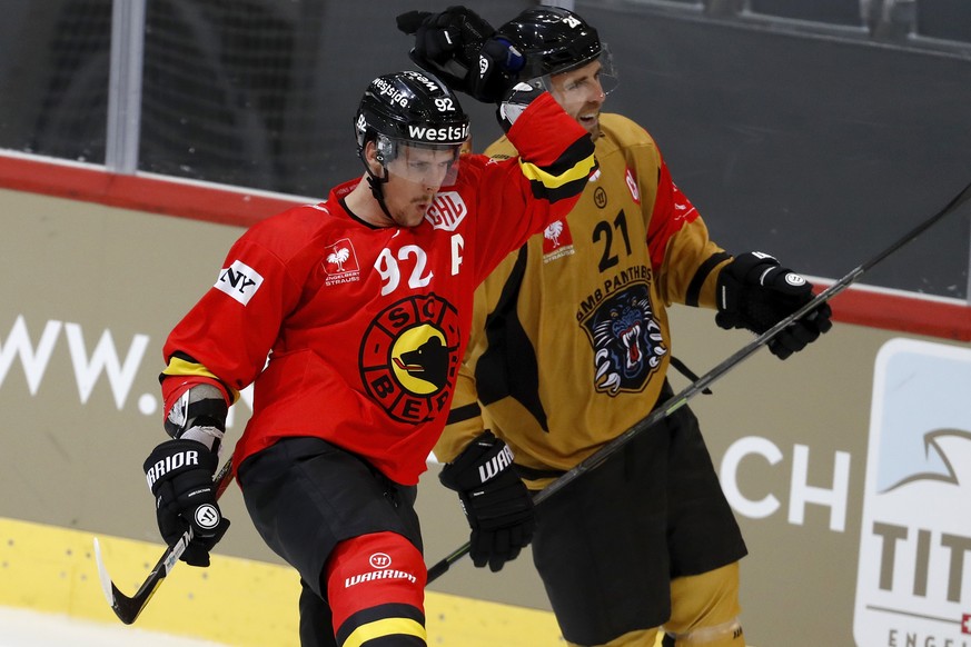 Bern's Gaetan Haas celebrates after scoring the 3-1 during the Champions Hockey League group F match between Switzerland's SC Bern and Great Britain's Nottingham Panthers, in Bern, Switzerland, Thursd ...