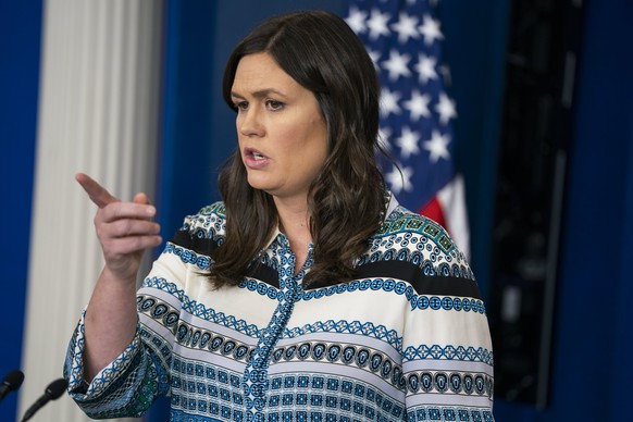 epa06705296 White House Press Secretary Sarah Sanders takes questions from the media in the White House briefing room in Washington, DC, USA, 01 May 2018. Sanders answered questions about the leaked q ...