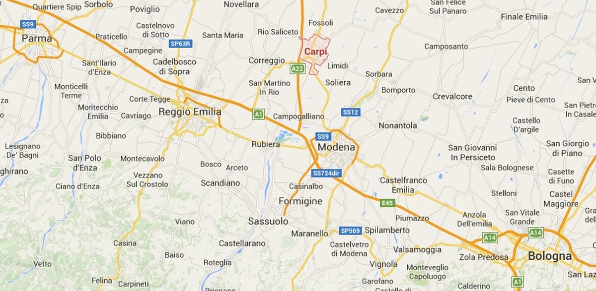 Carpi in der Region Emilia-Romagna, umgeben von Modena, Parma und Bologna.&nbsp;